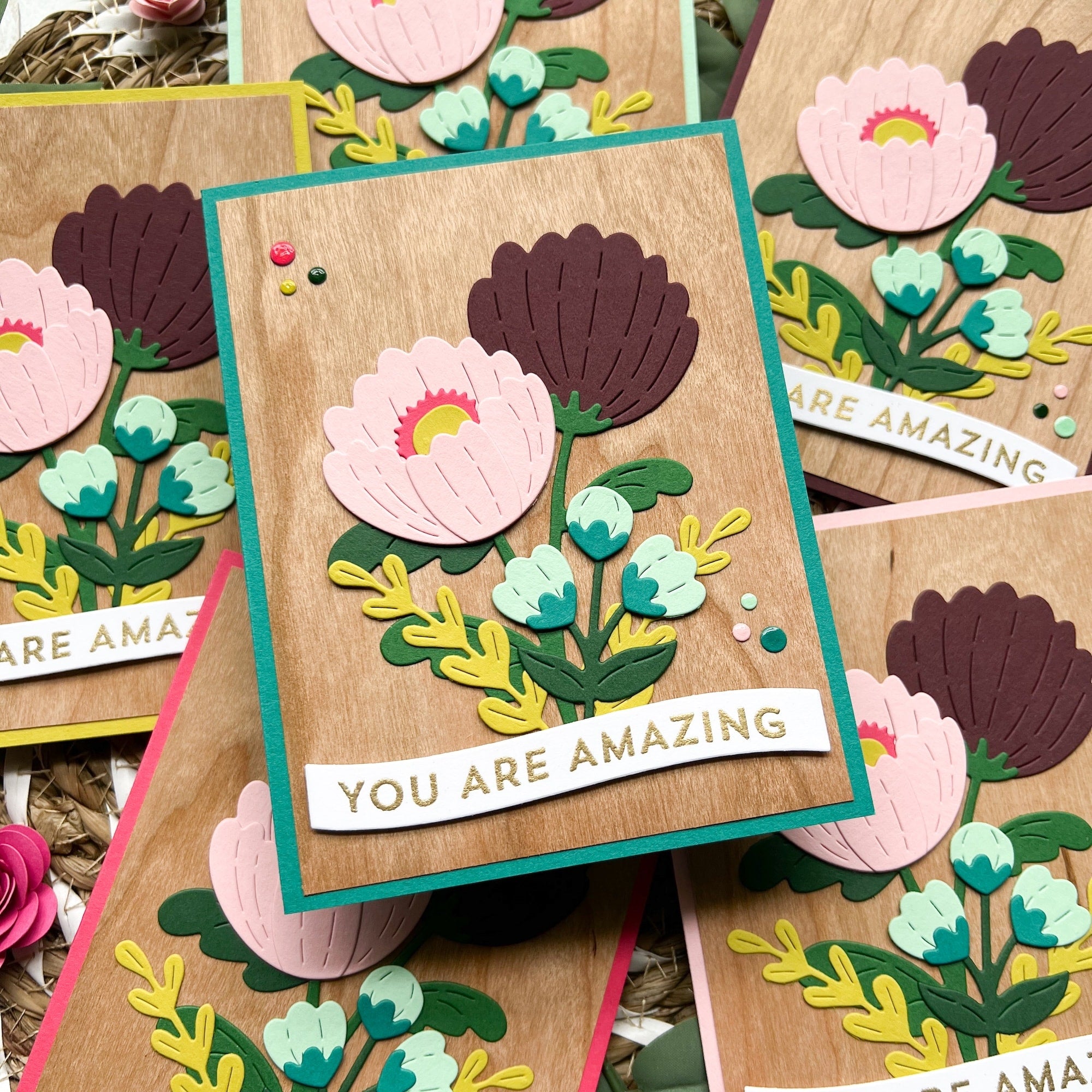 Colorplan and Wood Veneer paper "you are amaing" card with die cut poppies and foliage