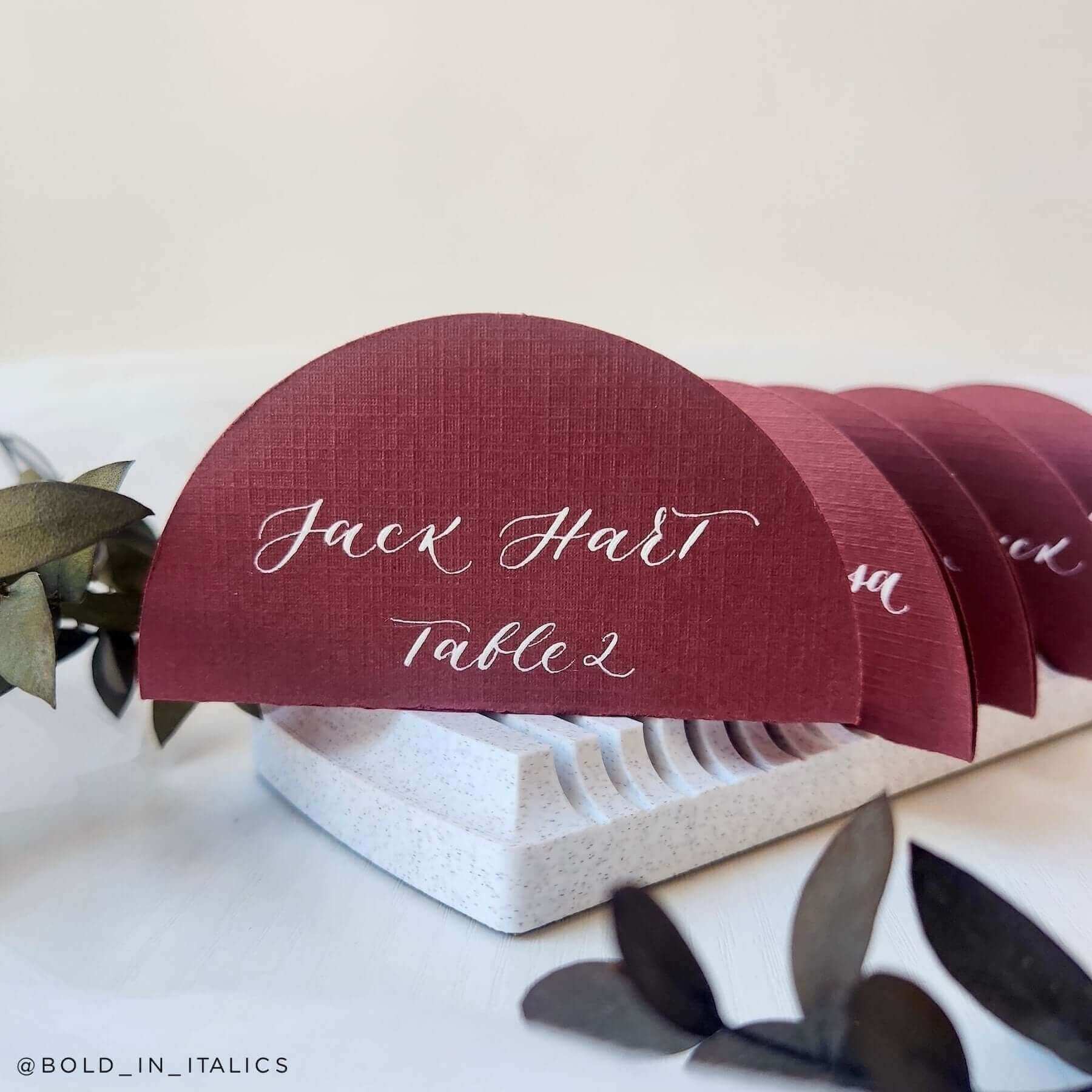Royaltone Linen Monarch Red rounded wedding calligraphy place cards
