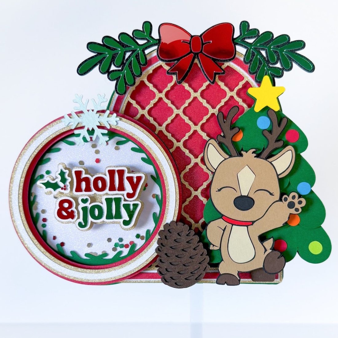 Christmas Cake Topper with Bronze, Red Mirror, White Diamond Print, Green Mirror, and Harvest cardstocks