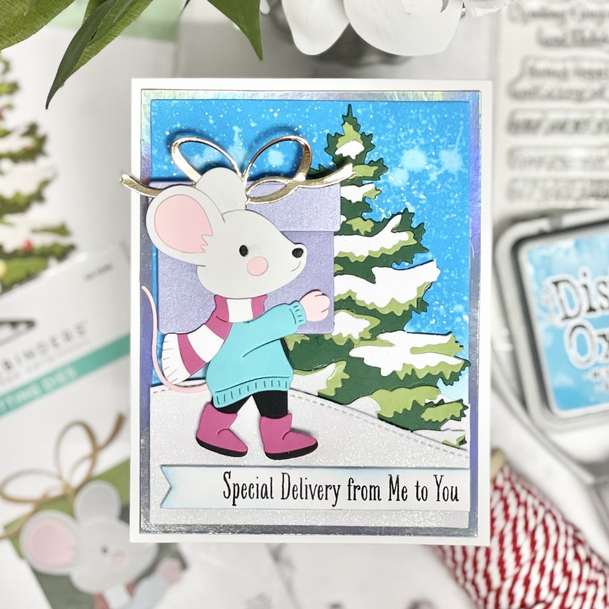 Christmas greeting card using Rainbow Holographic, White Diamond Print, Amethyst Stardream