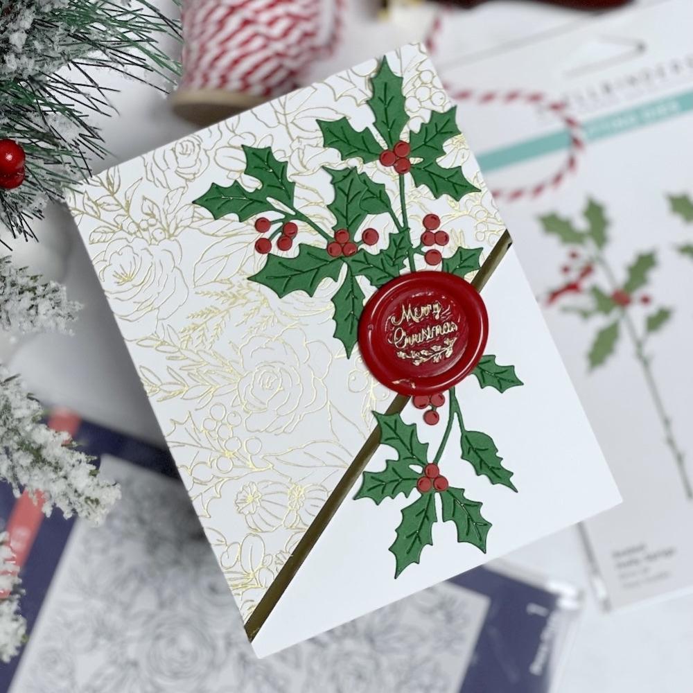 Wax seal Christmas card using Lessebo white and evergreen