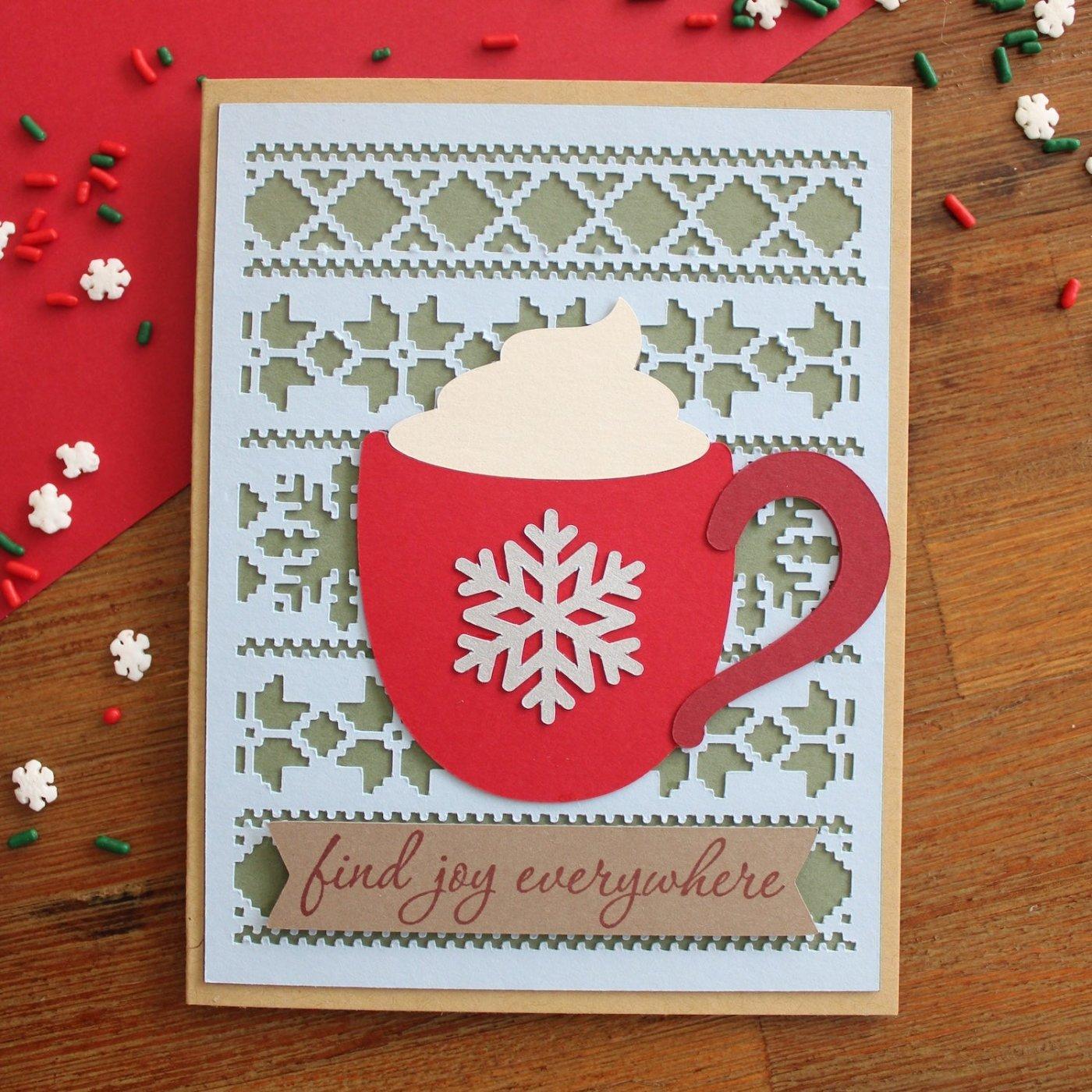 cup of joy holiday card using Colorplan Azure, Bright Red, Vermillion, Mid Green, and Harvest