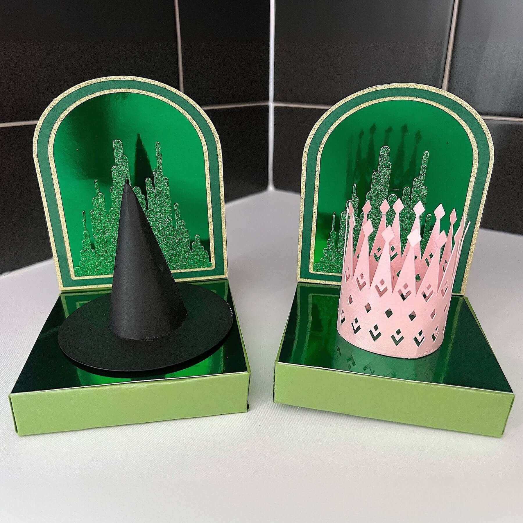 Good witch, bad witch cupcake stands with Green Mirror, Green Diamond Print Glitter, Pitch Black, and Rose Quartz papers