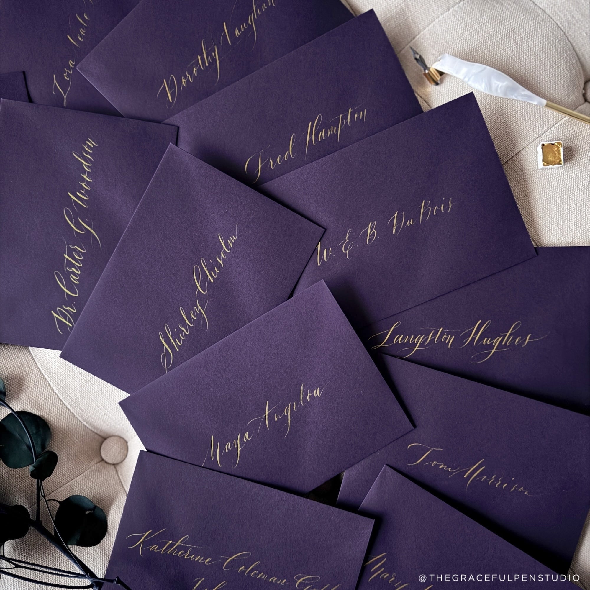 Amethyst Colorplan Envelopes with gold calligraphy by @thegracefulpenstudio