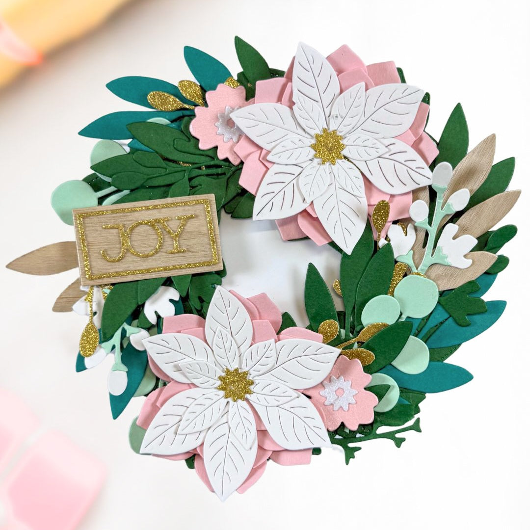 Christmas Joy poinsettia wreath card