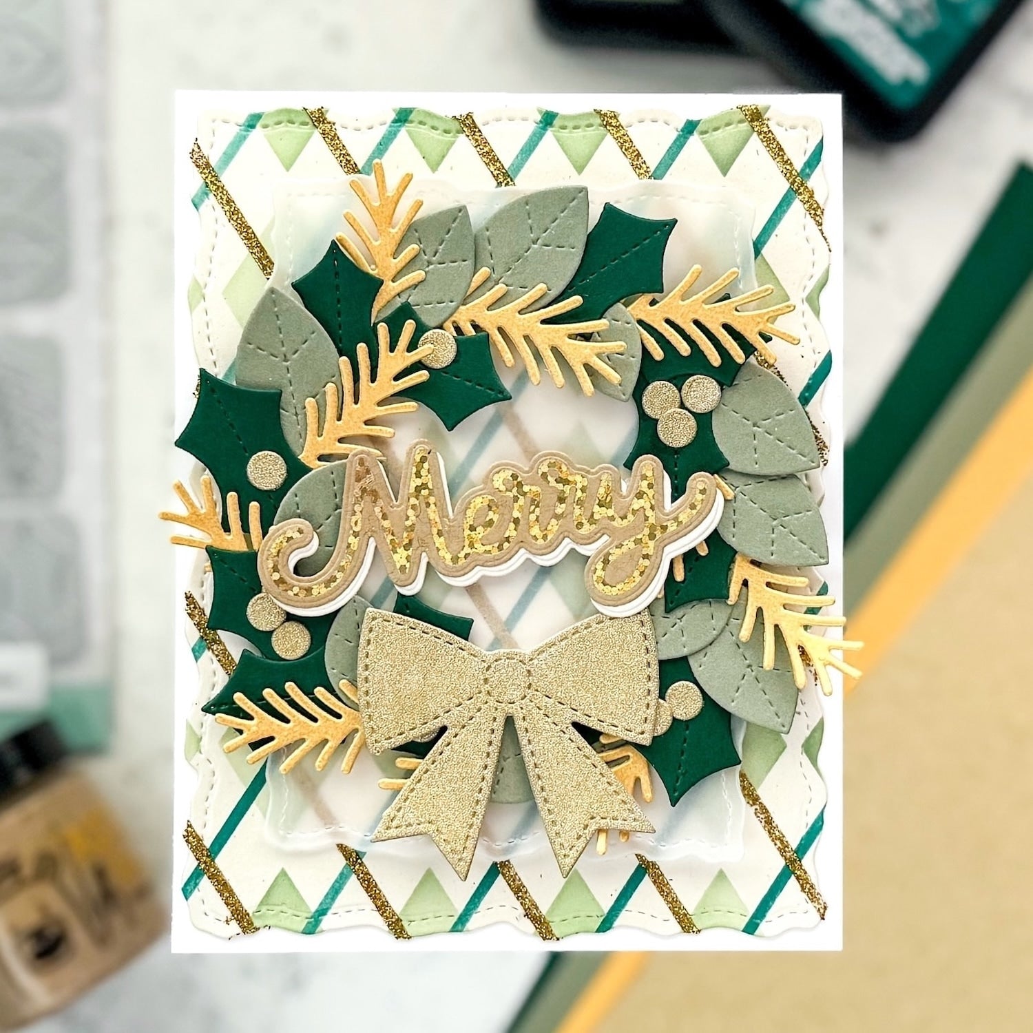 "Merry" wreath handmade Christmas card