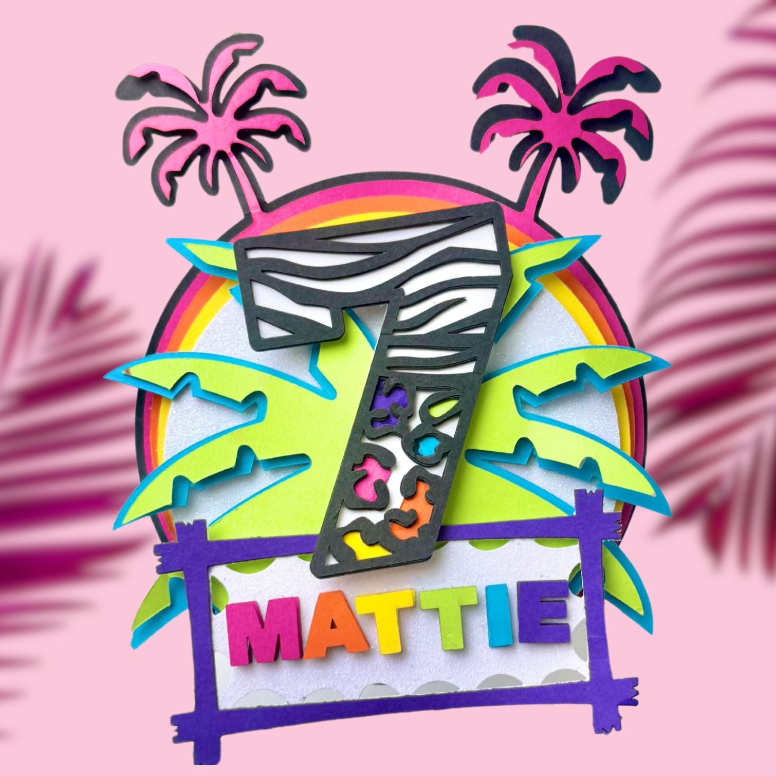 neon die cut paper birthday cake topper