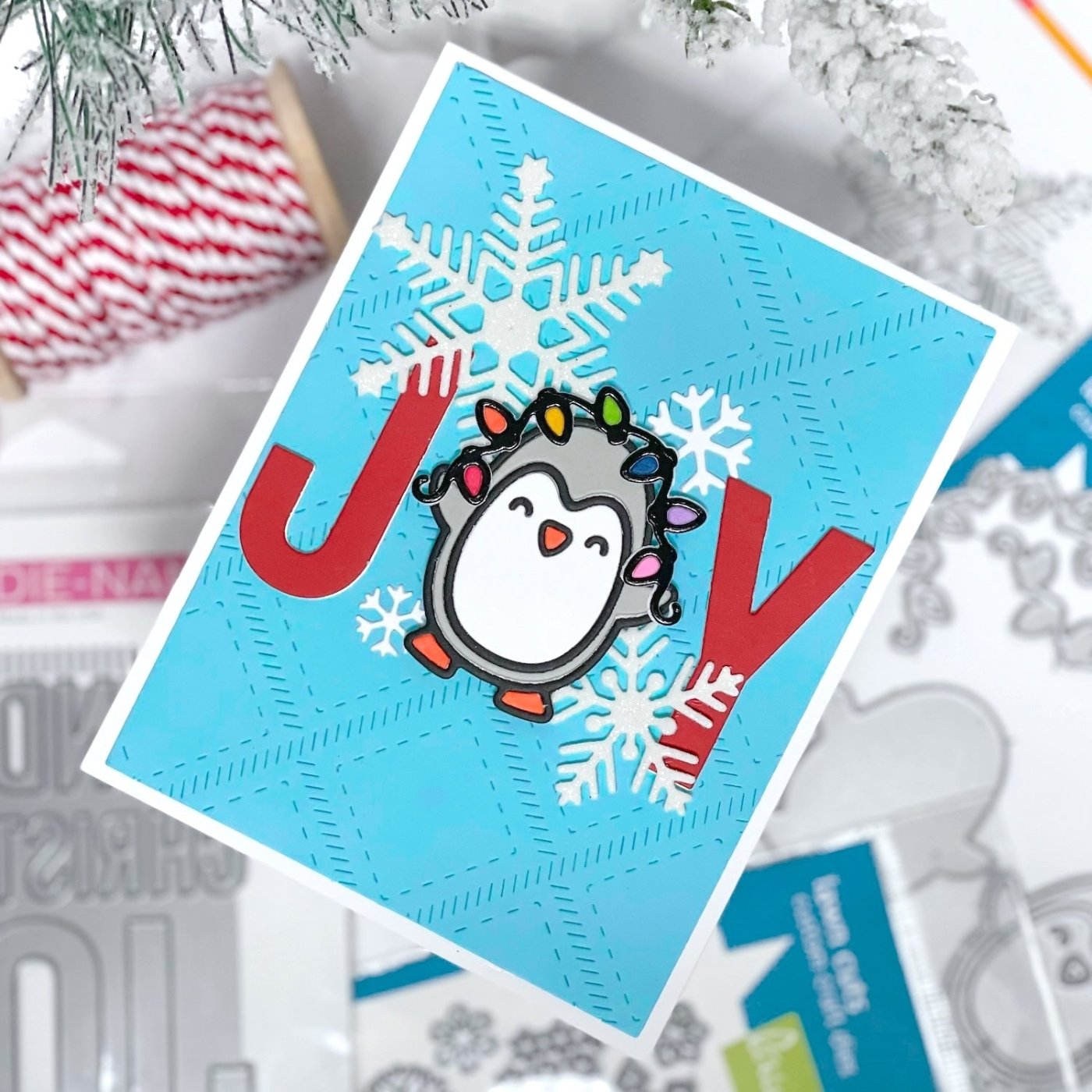 penguin joy holiday card using Beach Blue, Cherry, White Lessebo, and Dove Gray
