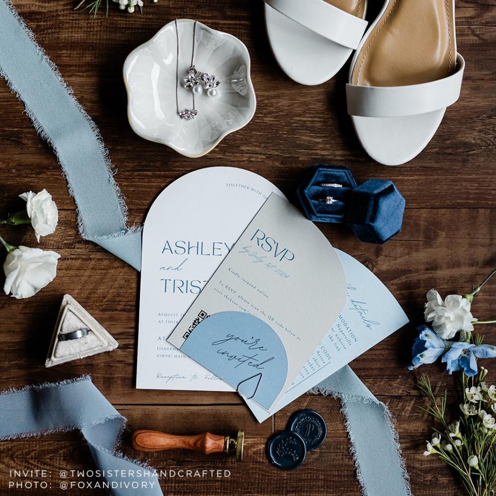 Die Cut Colorplan DIY Wedding Invitation using White Frost, Pale Grey, Azure, and New Blue papers