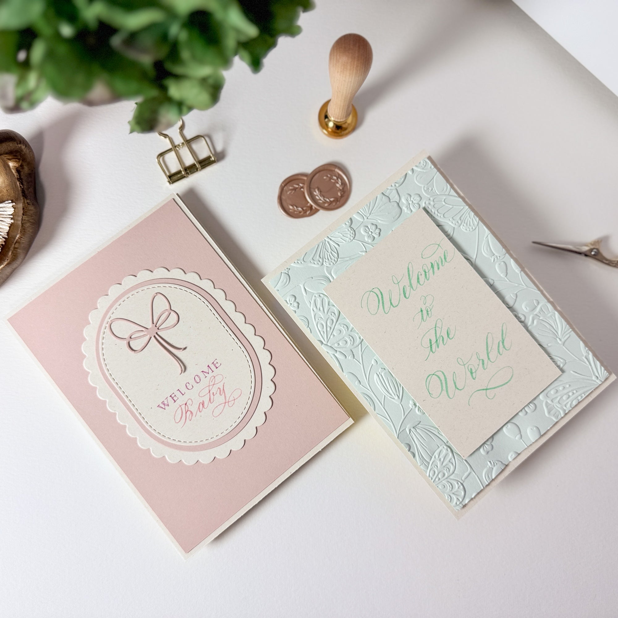 "welcome baby" handmade cards with calligraphy, die cutting, and embossing