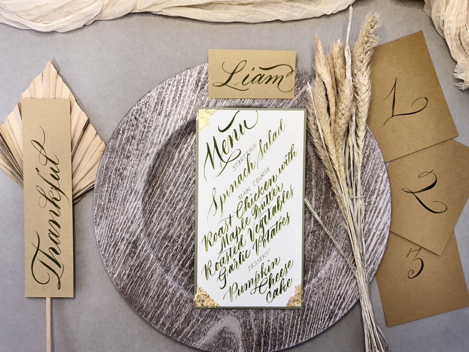 Gilded Edge Calligraphy Menu and Place Cards