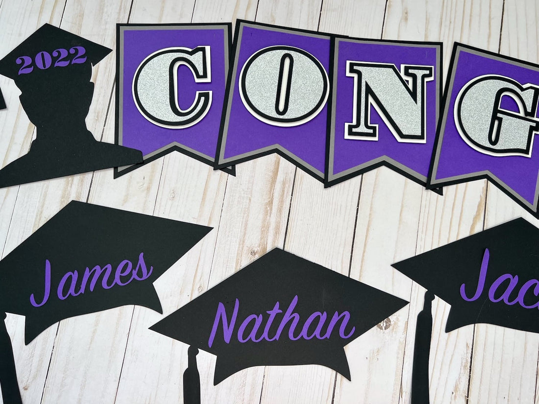 Layered Graduation Banner with Letters and Caps
