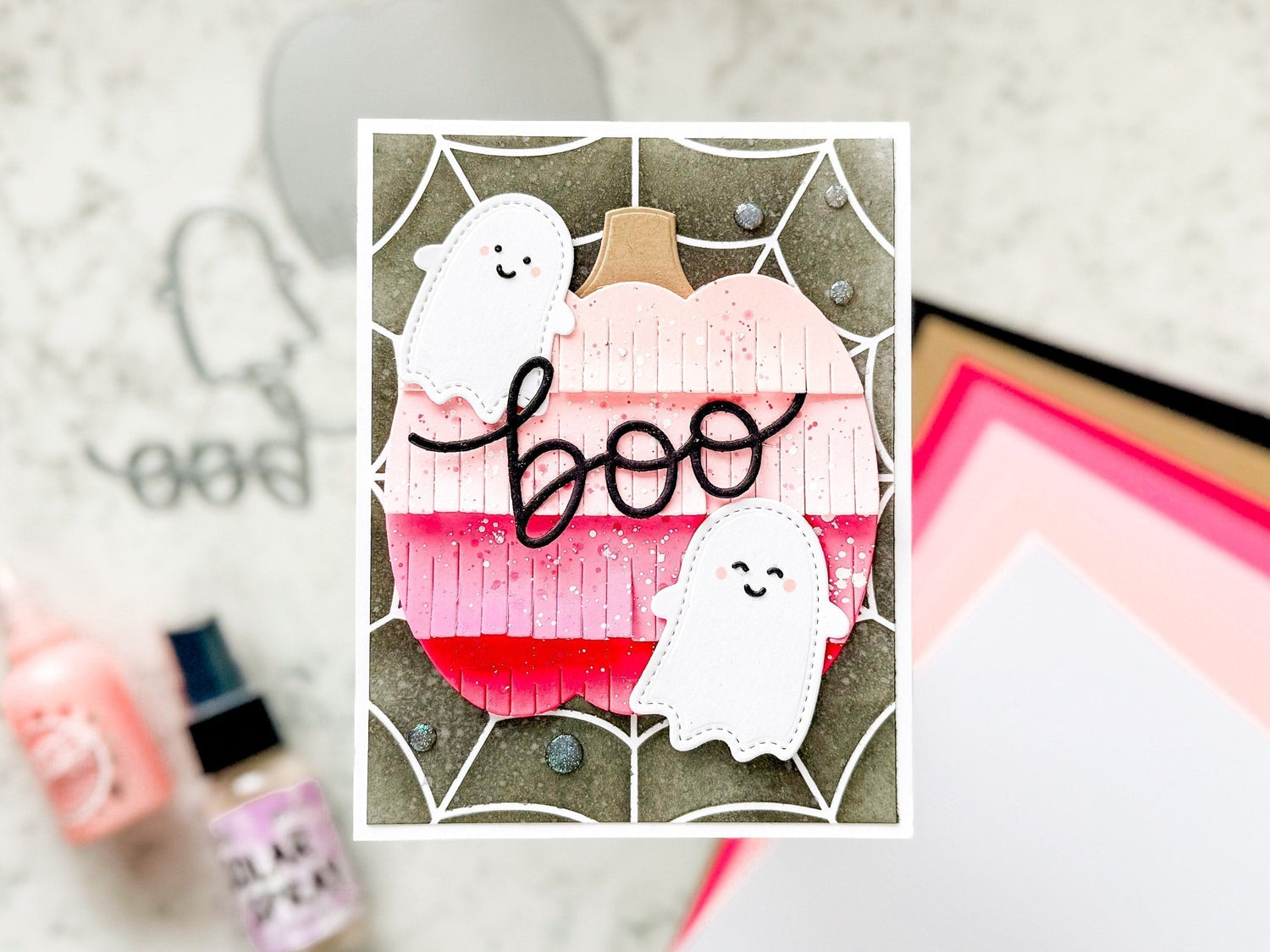 Pink Fringe Pumpkin Handmade Halloween Card
