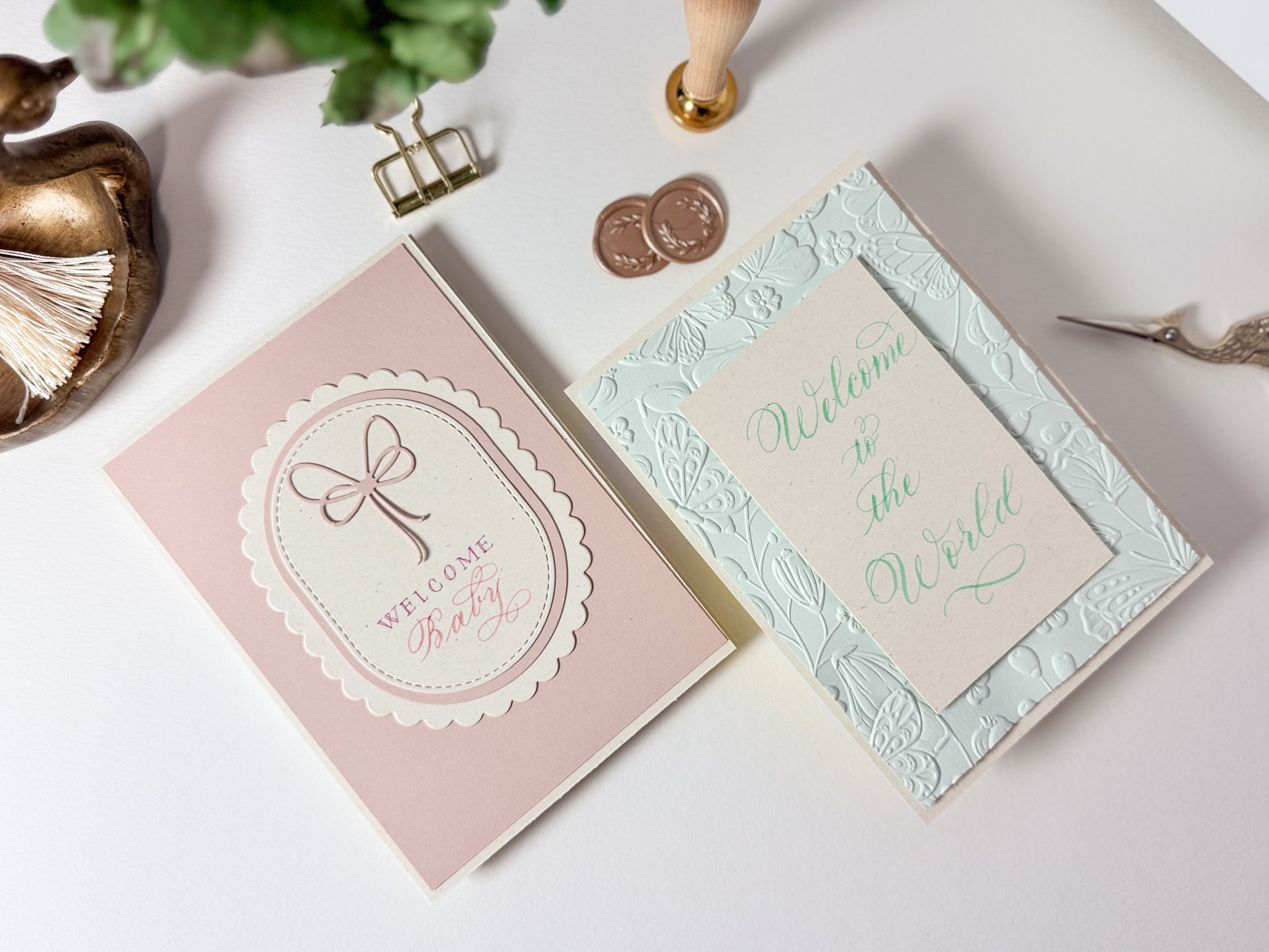 "Welcome Baby" Handmade Cards with Calligraphy, Die Cuts, and Embossing
