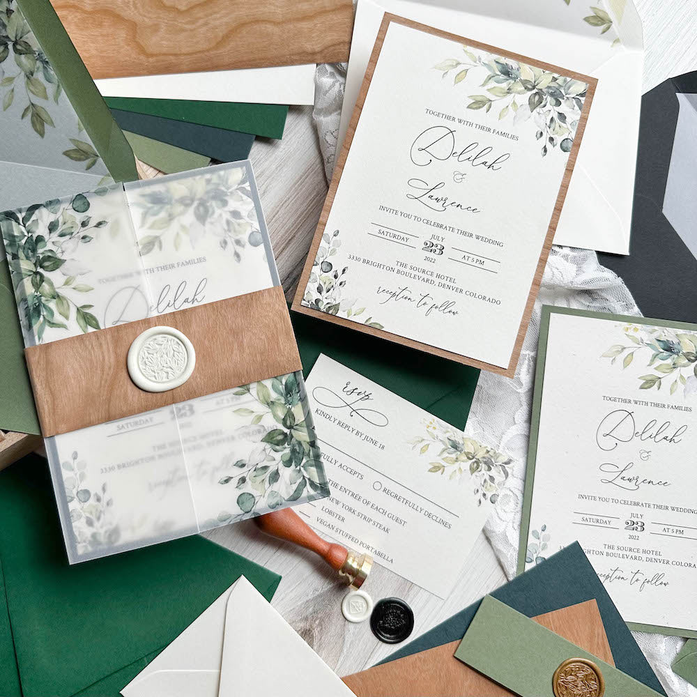 MId-Green, Forest Green, and Cherry Wood Wedding Invitation Suite