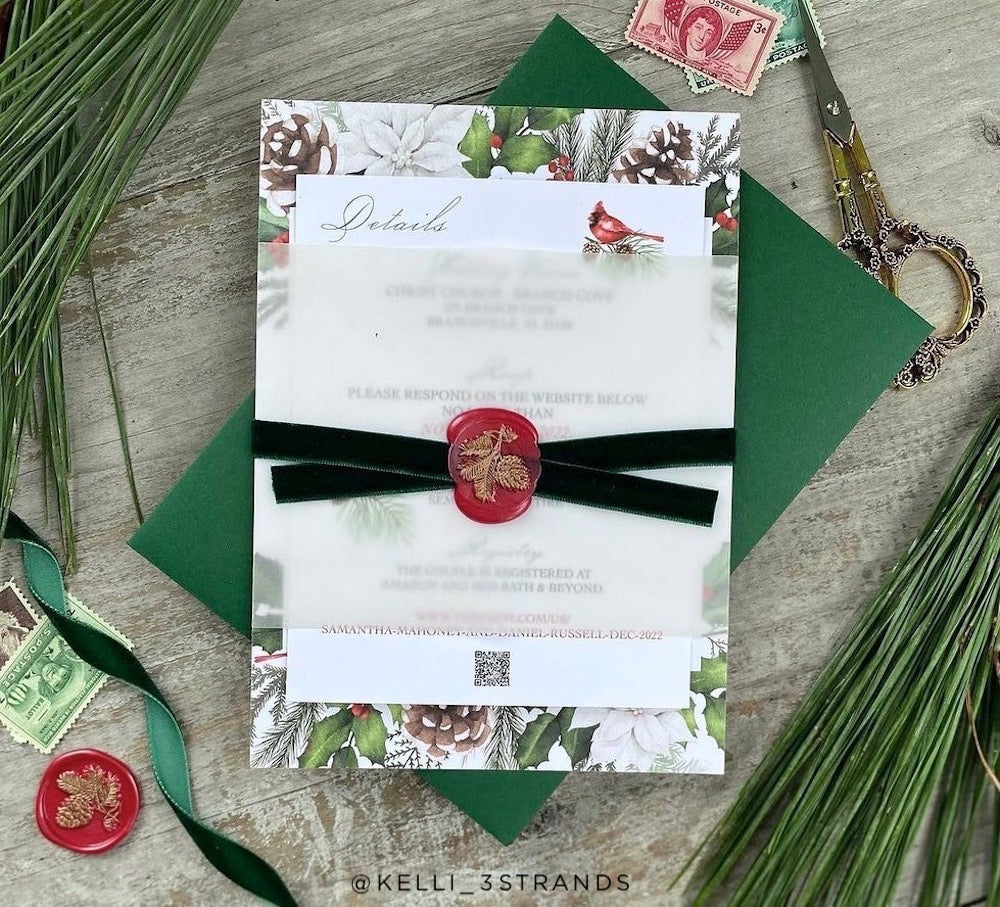 Winter Wedding Suite with Forest Green Envelope, Ribbon and Wax Seal
