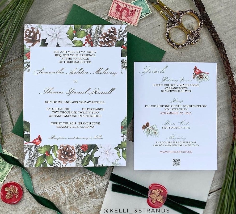 Winter wedding suite with lockwood green envelopes