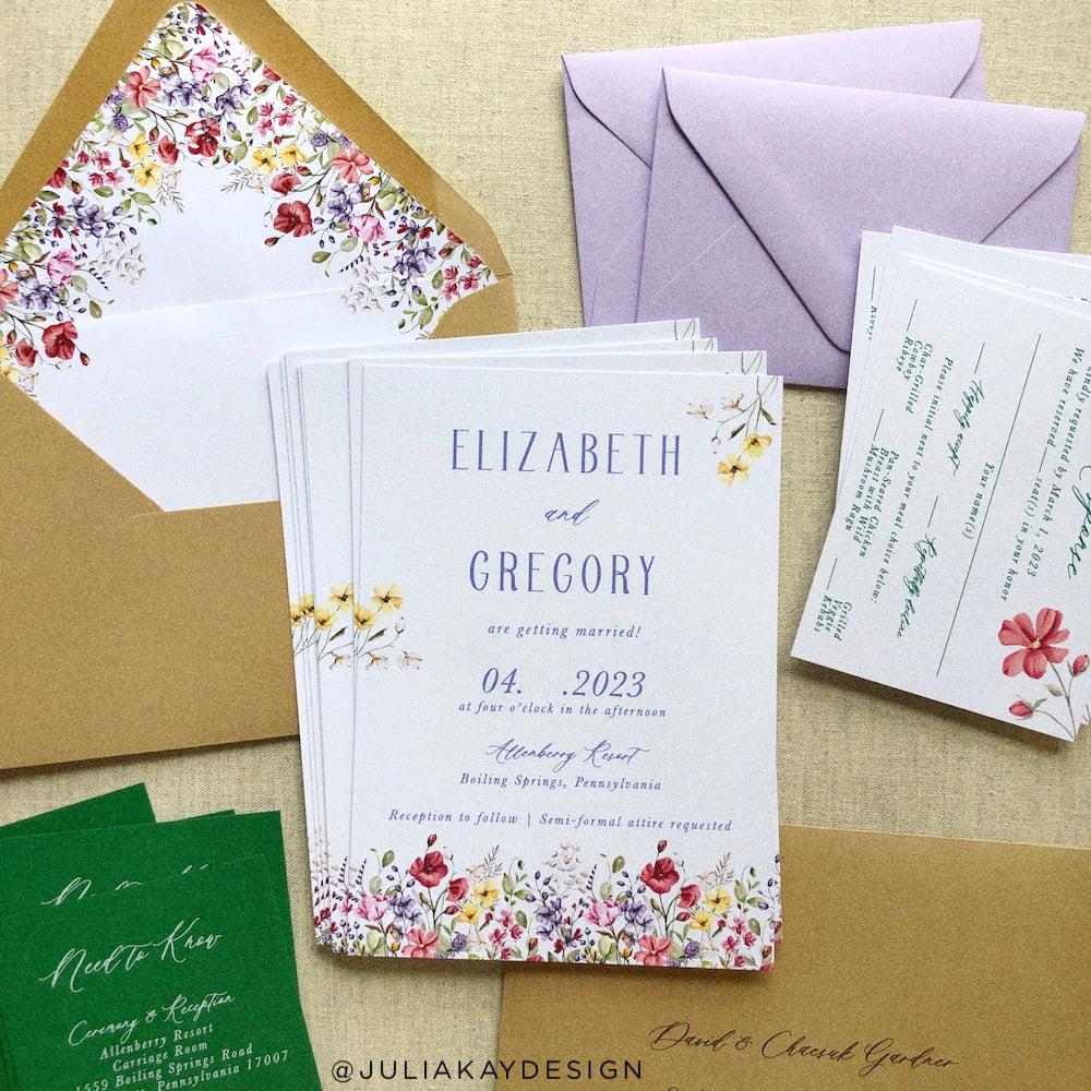Floral Wedding Invitation Suite with Lavender and Harvest Envelopes