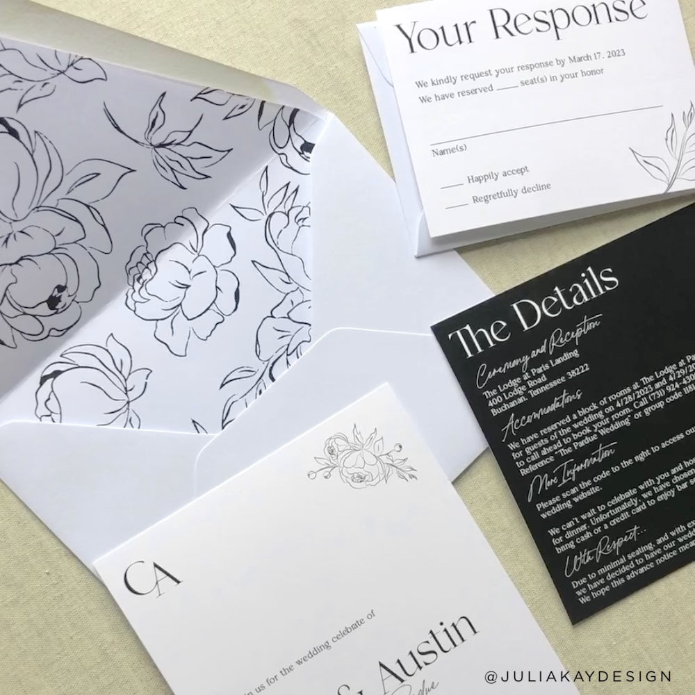 Black and White Wedding Invitation with White Frost Envelopes
