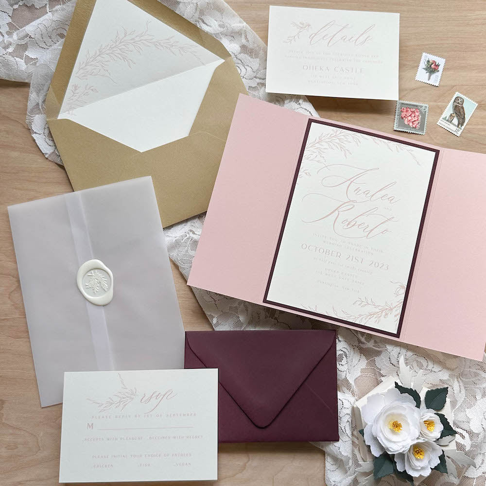 Pink and Burgundy Wedding Suite with Cipria Gatefold Card and Kraft outer Envelope