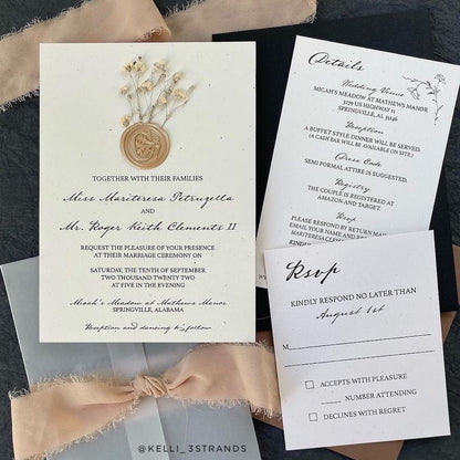 Madero Beach with Ebony Envelope, translucent vellum wrap and tan satin ribbon