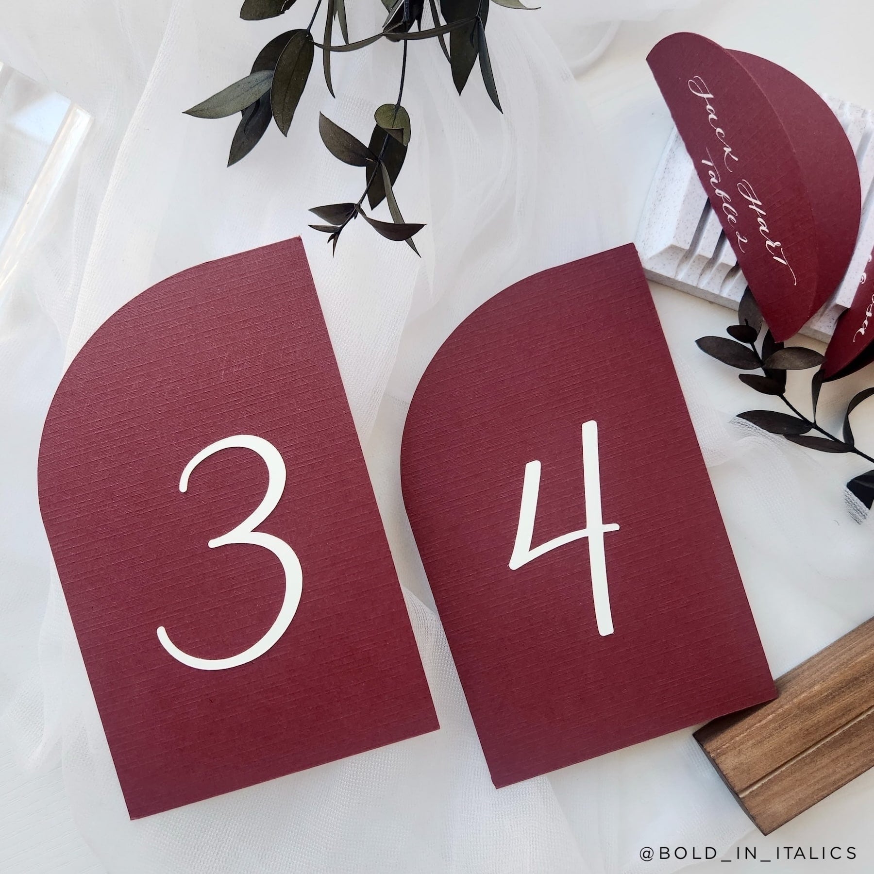 Royaltone Linen Monarch Red rounded wedding calligraphy place cards and table numbers