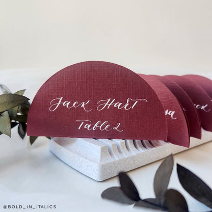 Royaltone Linen Monarch Red rounded wedding calligraphy place cards