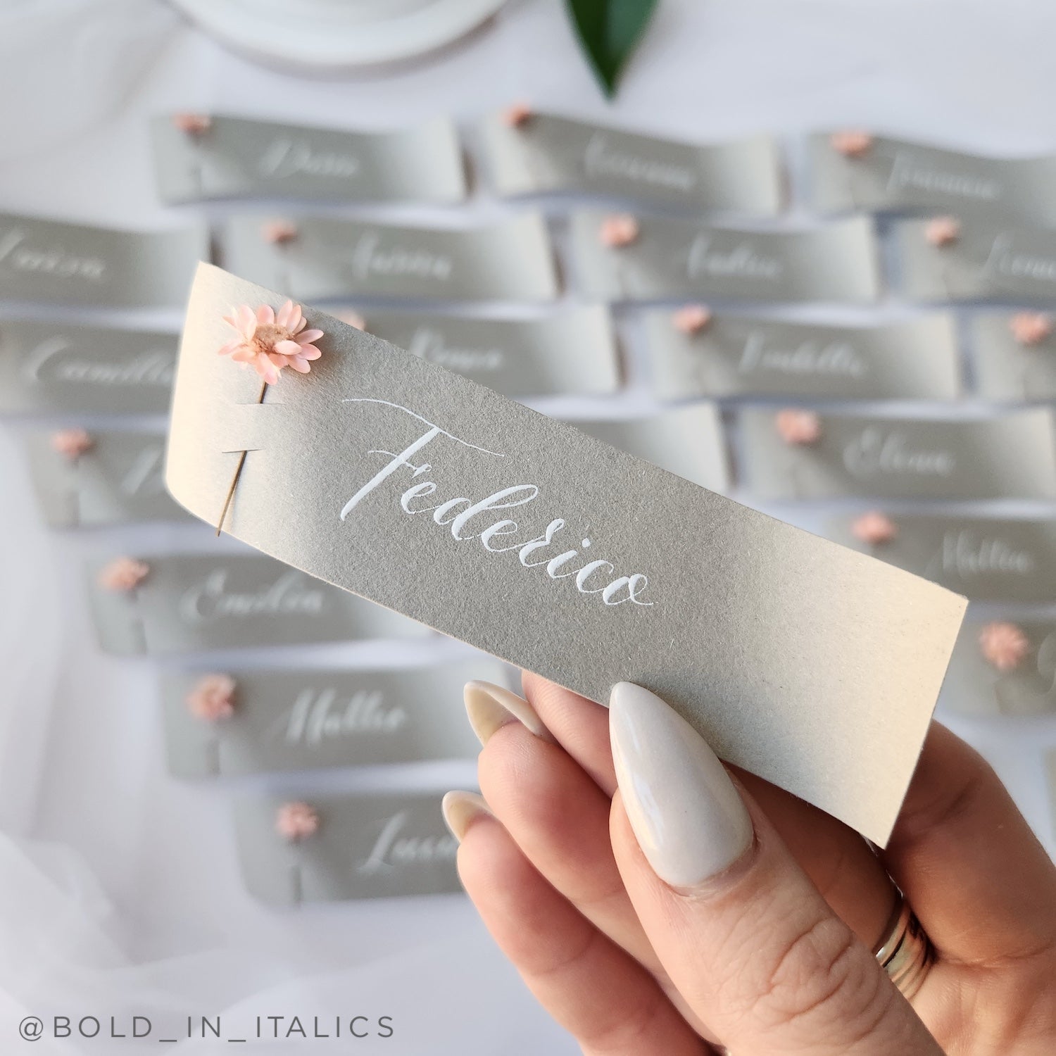 Clay Materica Calligraphy Place Cards with Flowers