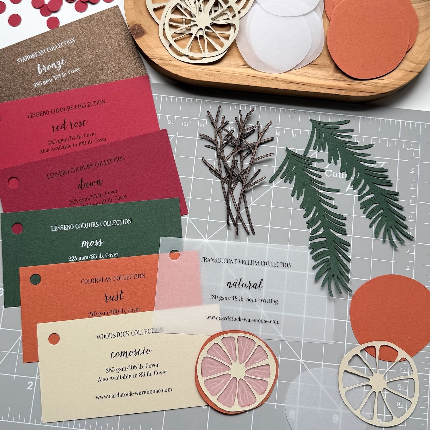 swatches and die cuts for dried orange Christmas tags