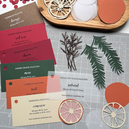 swatches and die cuts for dried orange Christmas tags