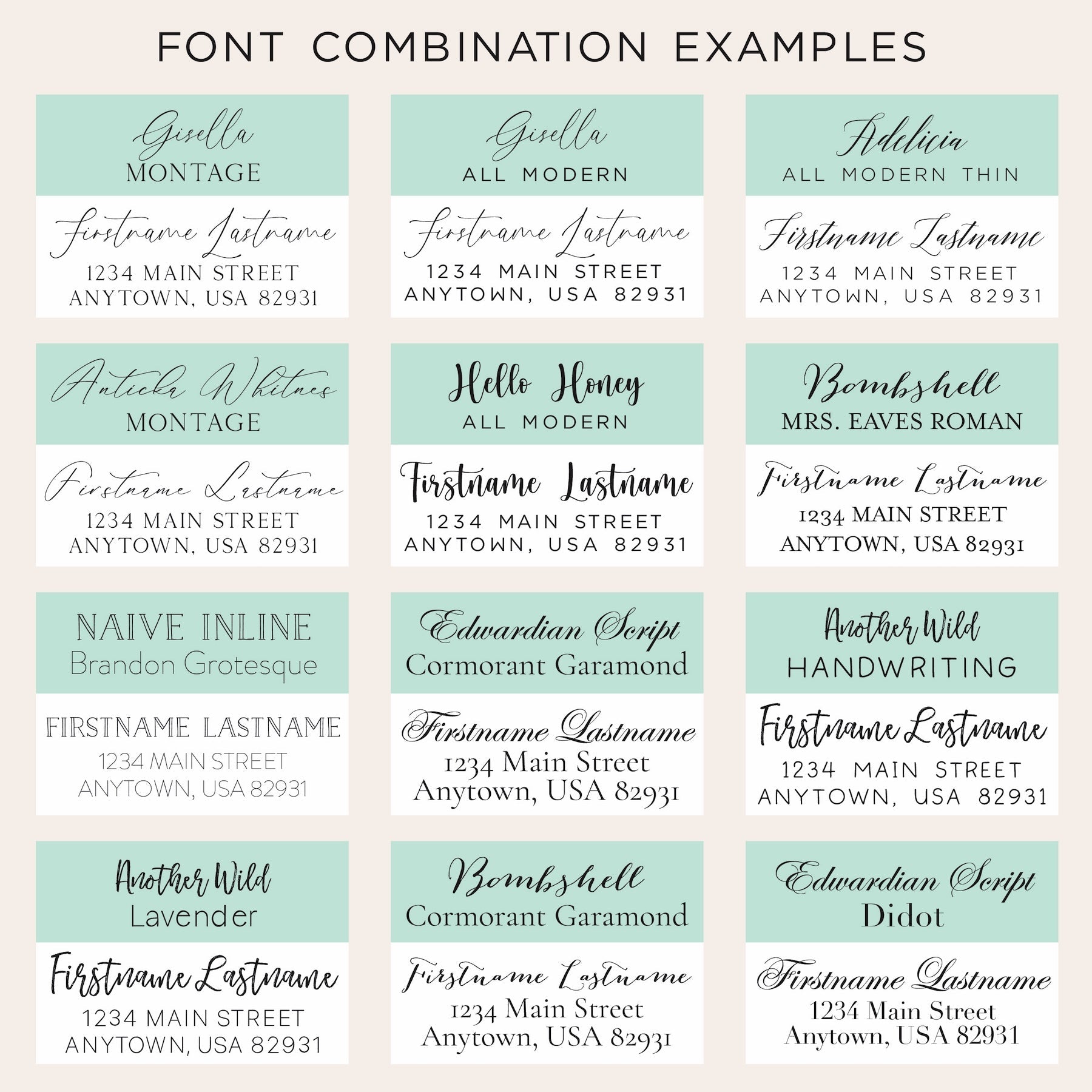 Example of font option combinations