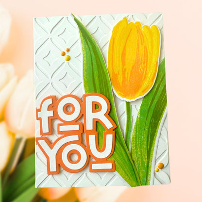 Stamped Tulip card on White Lessebo die cut background with Arancio Woodstock die cut sentiment