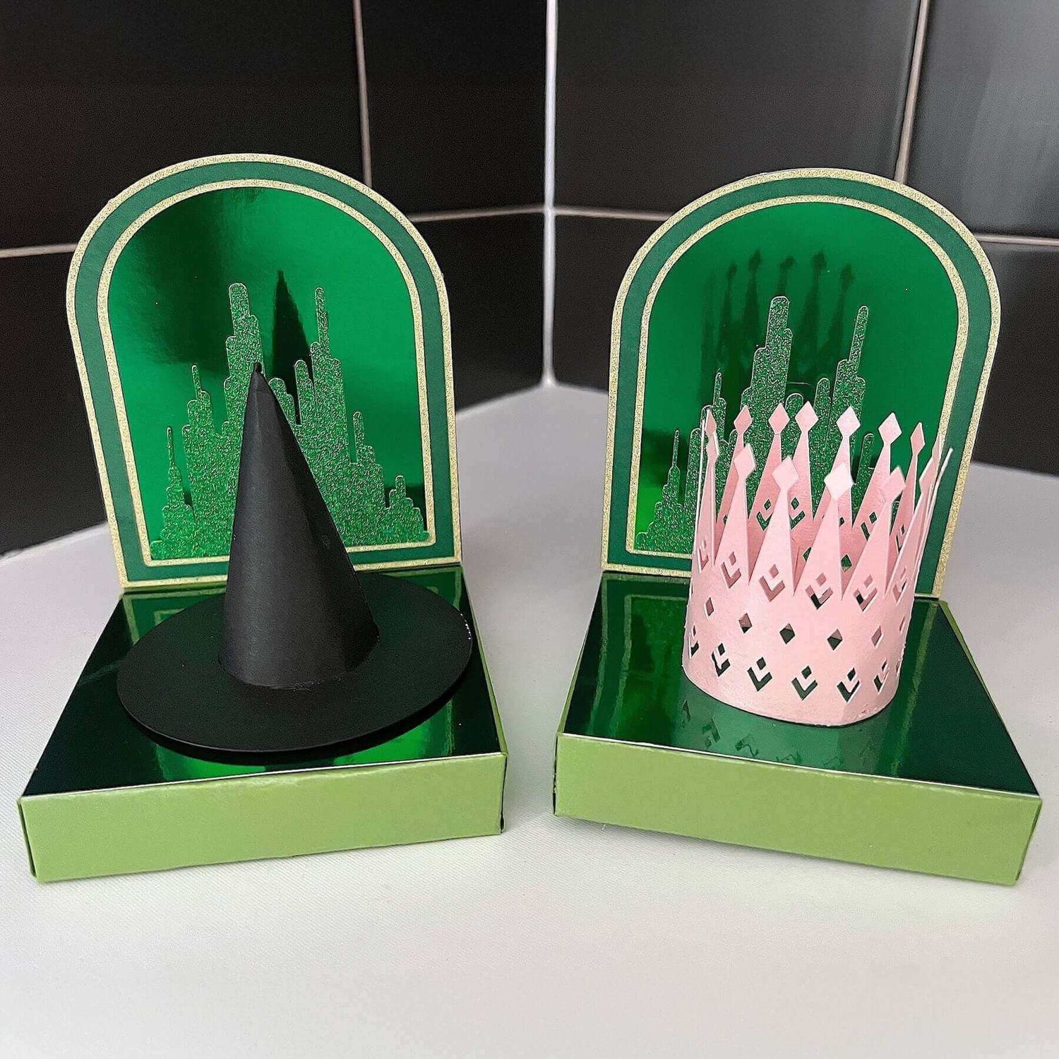 Good witch, bad witch cupcake stands with Green Mirror, Green Diamond Print Glitter, Pitch Black, and Rose Quartz papers