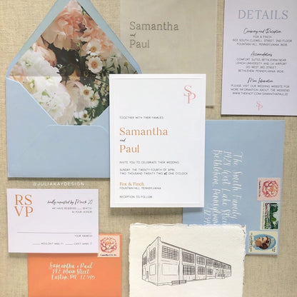 @juliakaydesign wedding invitation using an  Azure Colorplan envelope, Vellum insert, and Bright White invitation card.