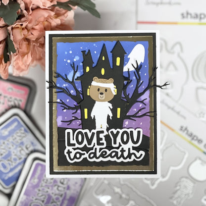 Halloween haunted house with mummy bear card