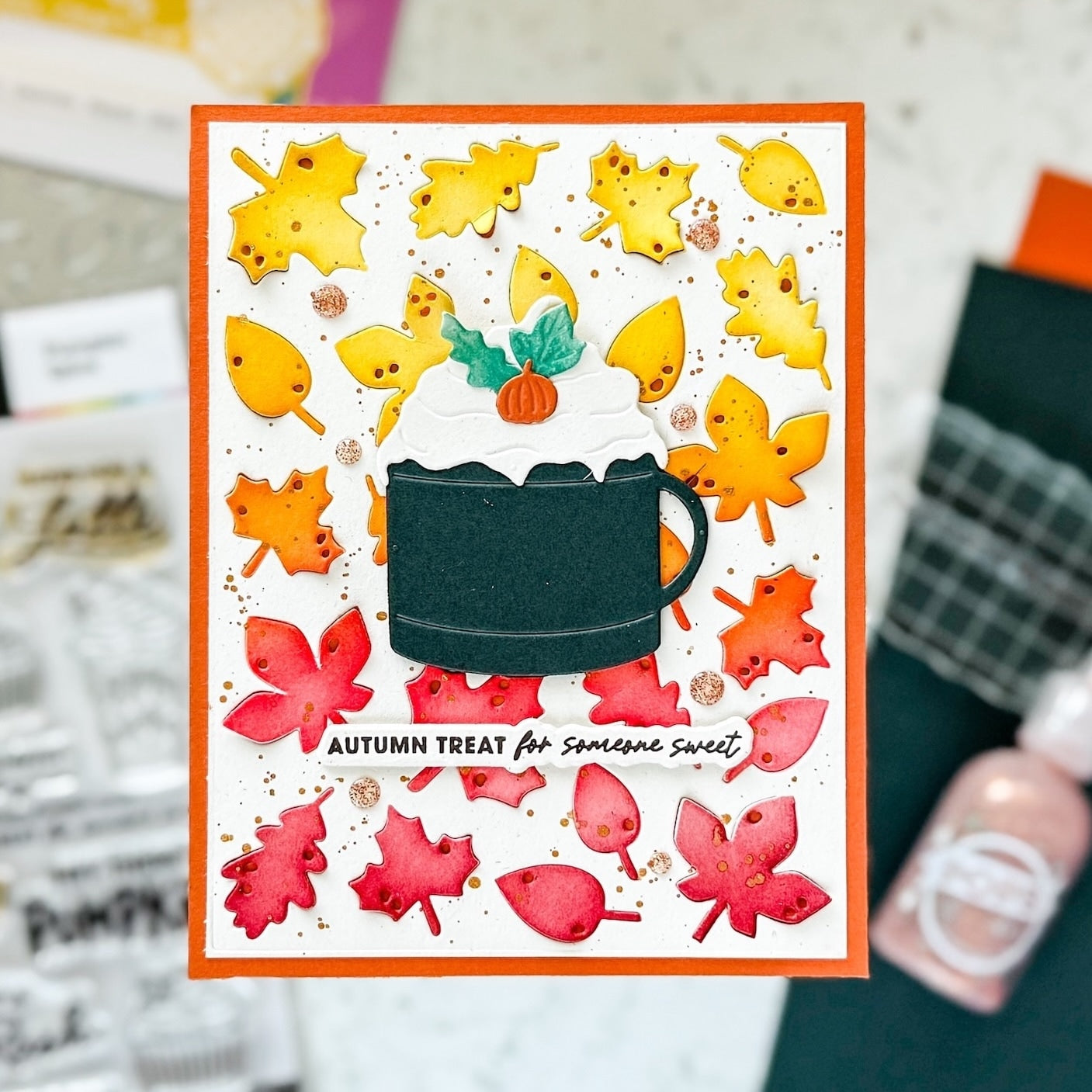 pumpkin spice and autumn leaves die cut handmade card