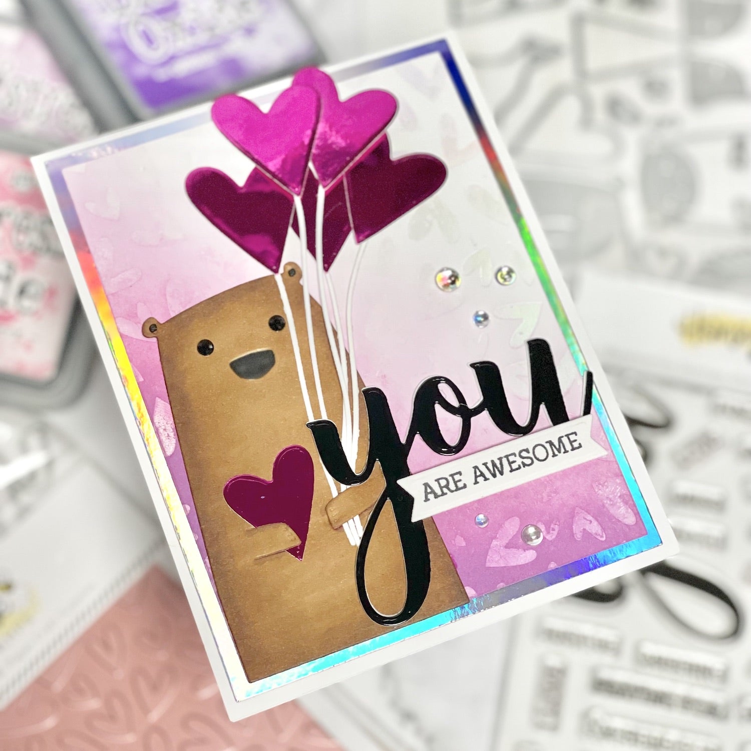 Valentine Bear Card with Pink Mirror and Rainbow Holographic papers