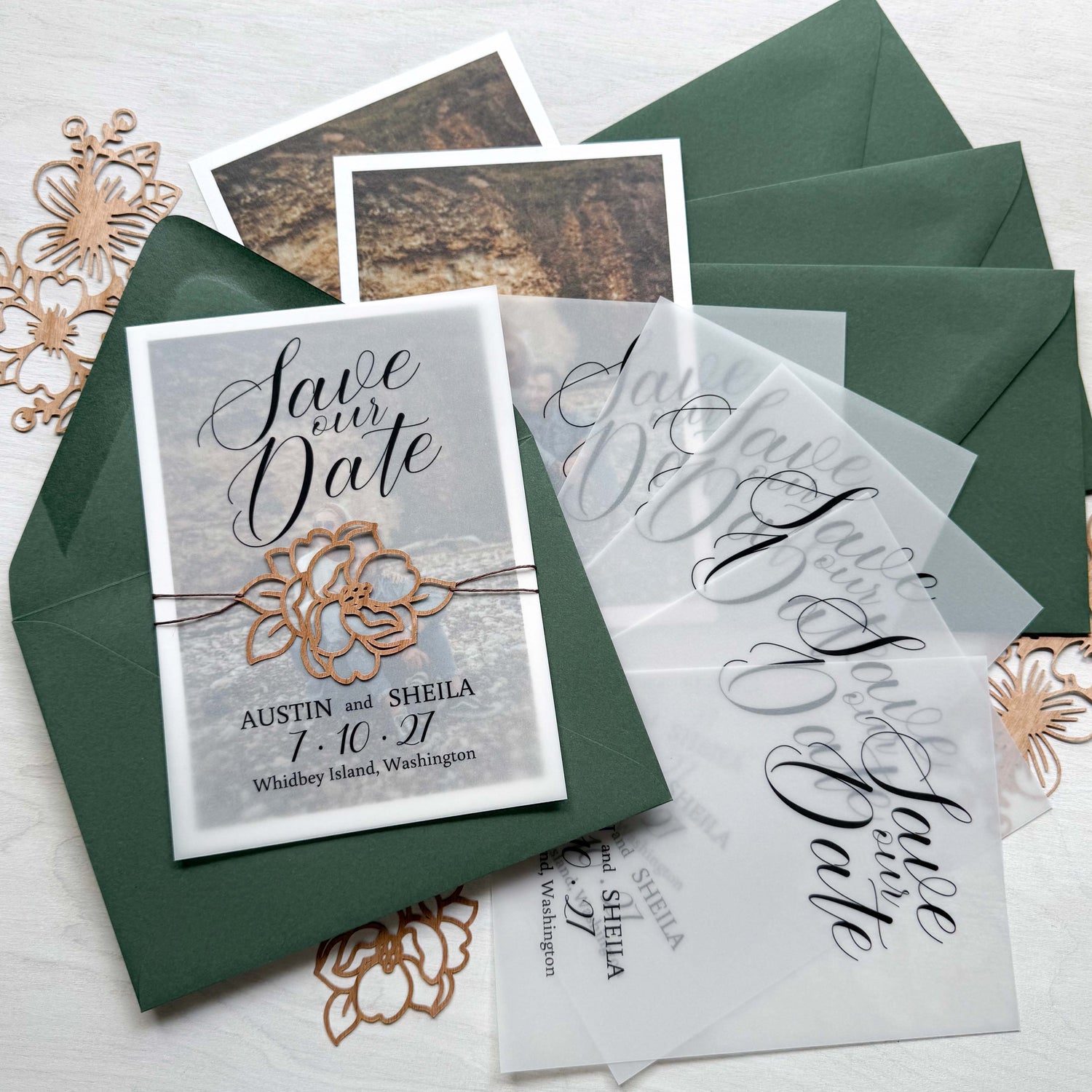 vellum and photo save the date with moss envelopes