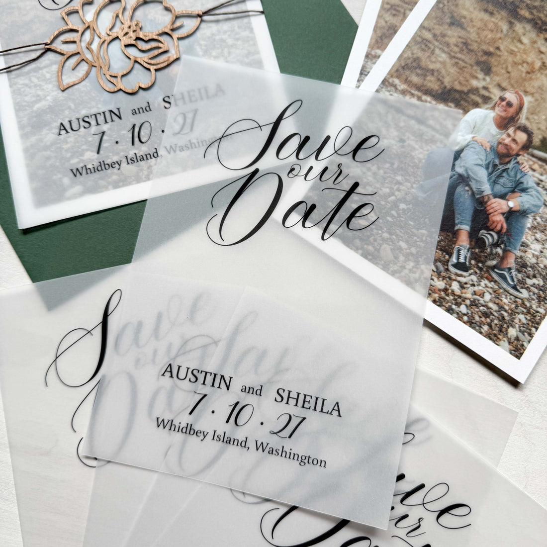 printed vellum flat card save the date overlay