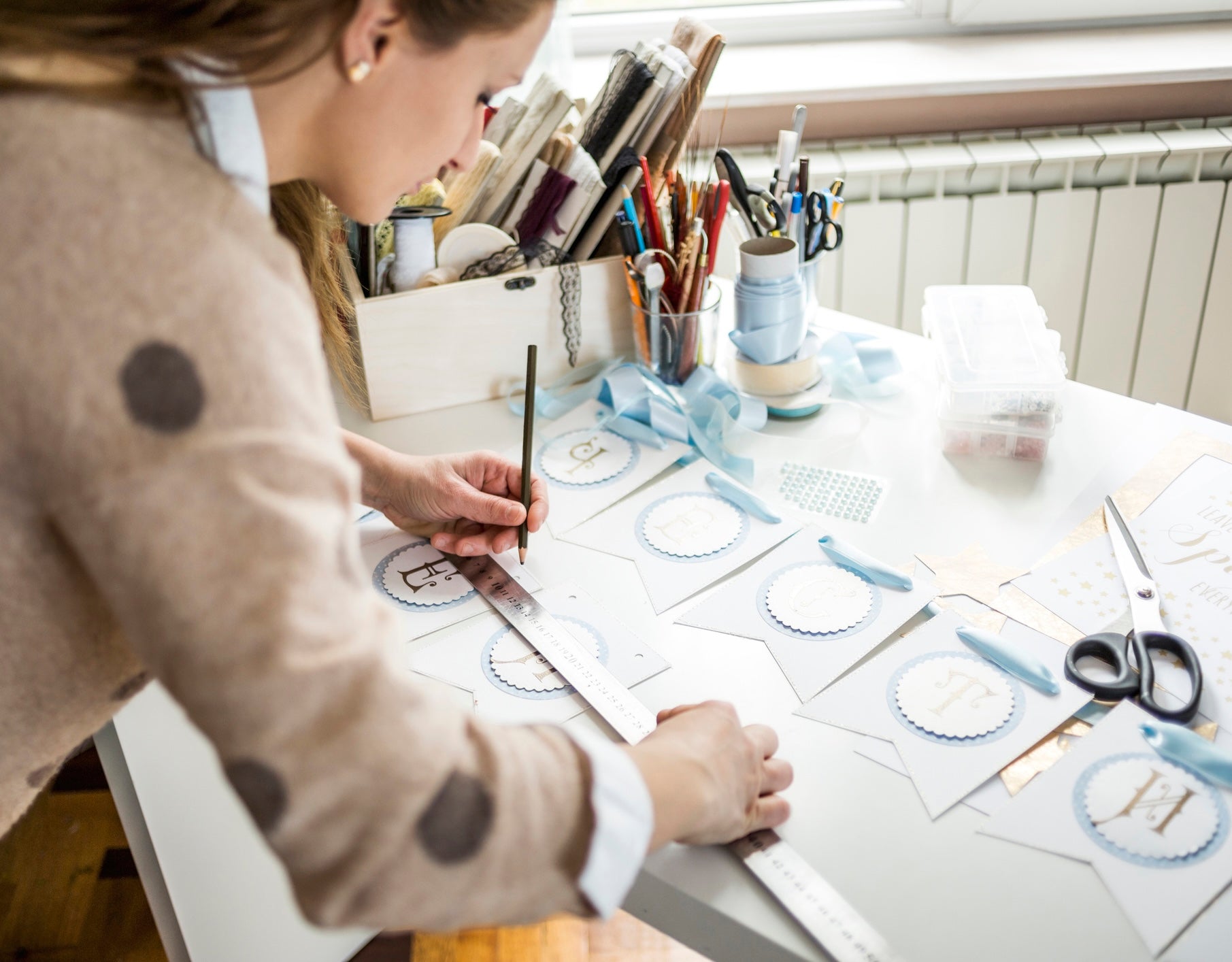 Business woman working on paper banner